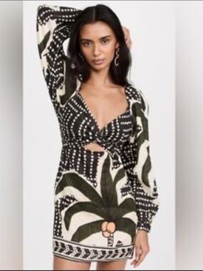 Johanna Ortiz Black, White & Green Printed Mini Dress